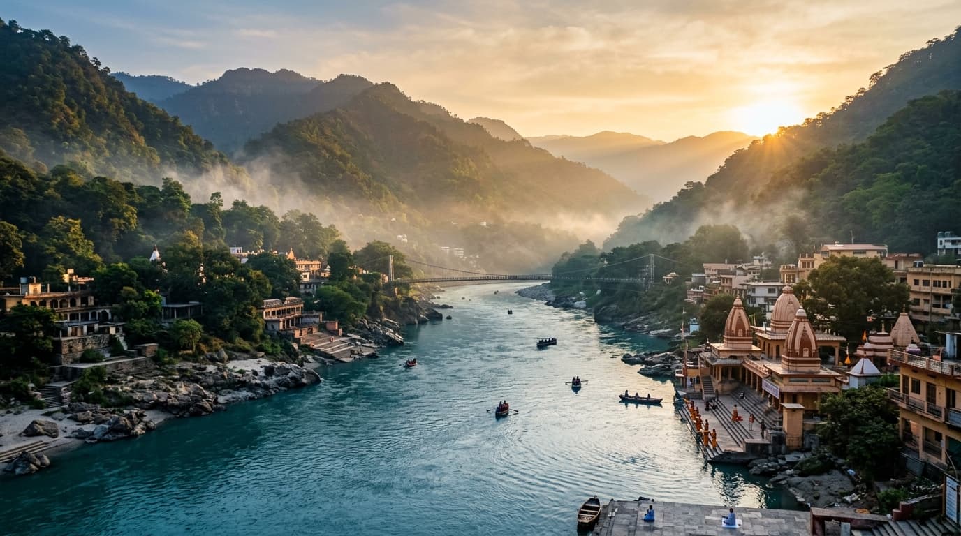 Cinematic morning sunrise over Ganga in Rishikesh