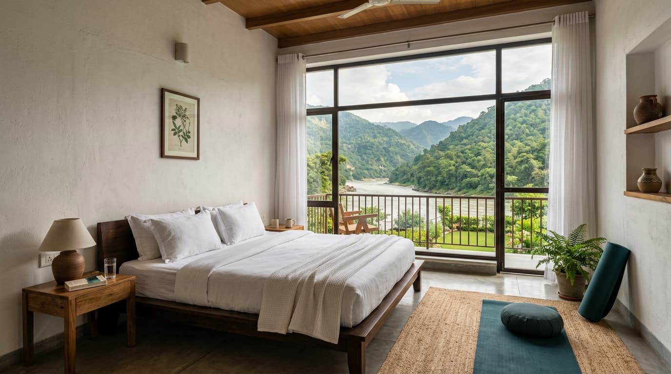 Serene boutique retreat bedroom in Rishikesh